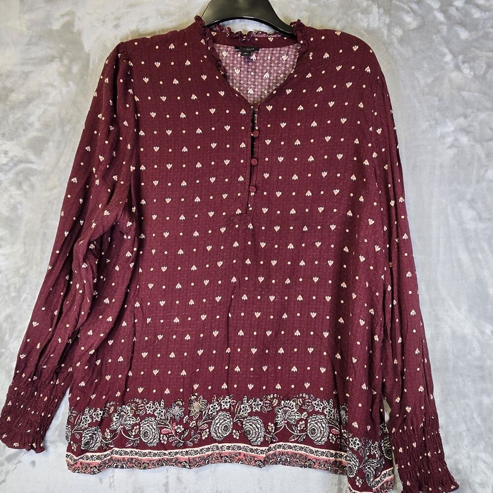 Ann Taylor Peasant Blouse Floral Burgundy XL Elastic Cuffs Button Cottage Fairy
